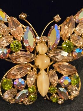 Gold-Tone Pink & Green Crystal Butterfly Brooch - Regency